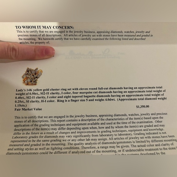 Size 5 14k yellow gold diamond cluster ring, 1.15ct total, APPRAISED - Picture 13 of 14